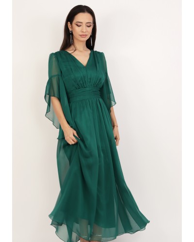 ROCHIE ELEGANTA DIN VOAL VERDE SI MANECI  ASIMETRICE