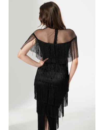 rochie de seară neagră lungă, rochie cu franjuri, rochie elegantă pe corp, rochie neagra de nasa, rochie eleganta de seara