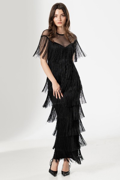 rochie de seară neagră lungă, rochie cu franjuri, rochie elegantă pe corp, rochie neagra de nasa, rochie eleganta de seara