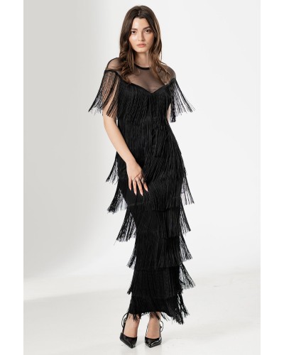 rochie de seară neagră lungă, rochie cu franjuri, rochie elegantă pe corp, rochie neagra de nasa, rochie eleganta de seara