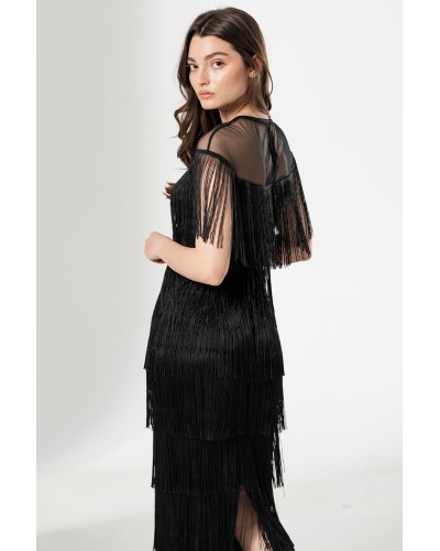 rochie neagră lungă, rochie cu franjuri, rochie elegantă pe corp, rochie neagra de nasa, rochie eleganta  majorat , bal, banchet