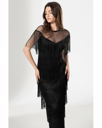rochie neagră lungă, rochie cu franjuri, rochie elegantă pe corp, rochie neagra de nasa, rochie eleganta  majorat , bal, banchet
