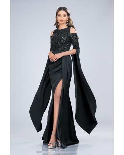 ROCHIE LUNGA DE SEARA NEAGRA TIP SIRENA CU MANECI LUNGI ASIMETRICE