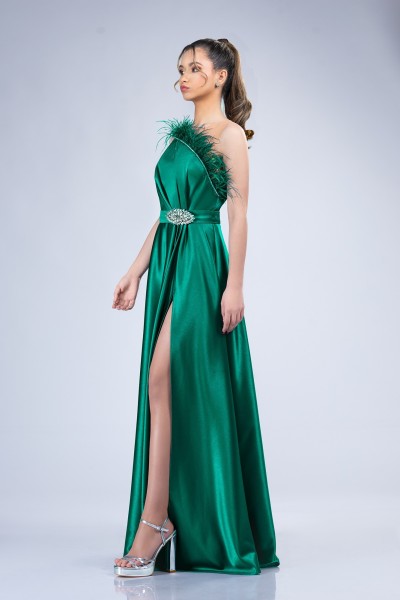 rochie lunga de ocazie, rochie de nasa verde, rochie nunta verde, rochie lunga din tafta verde cu pene, rochie nasa