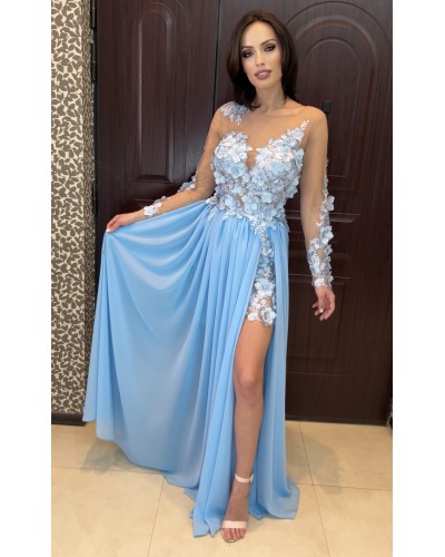 ROCHIE LUNGA DE SEARA BLEU DIN DANTELA SPARTA PE PICIOR