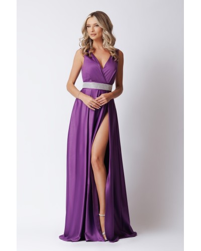 ROCHIE MOV LUNGA DE OCAZIE IN CLOS DIN TAFTA SATINATA ACCESORIZATA CU CORDON  CU PIETRE STRAS