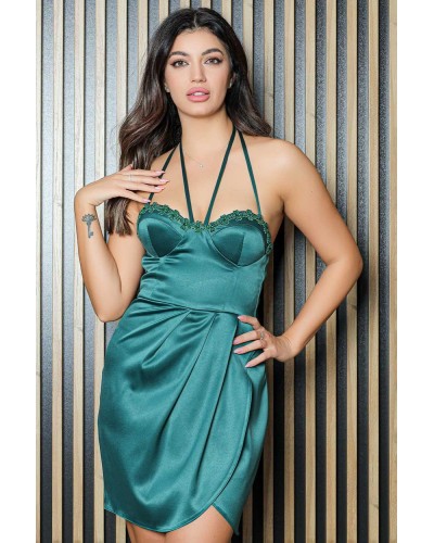 ROCHIE SCURTA DIN SATIN VERDE SMARALD CU BUST BRODAT