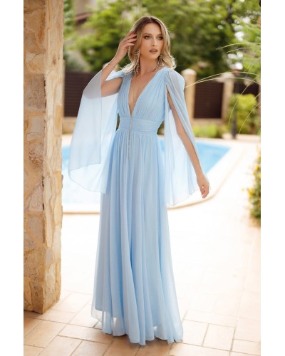 ROCHIE LUNGA DE SEARA BLEU CU DECOLTEU ADANC DIN VOAL PRETIOS