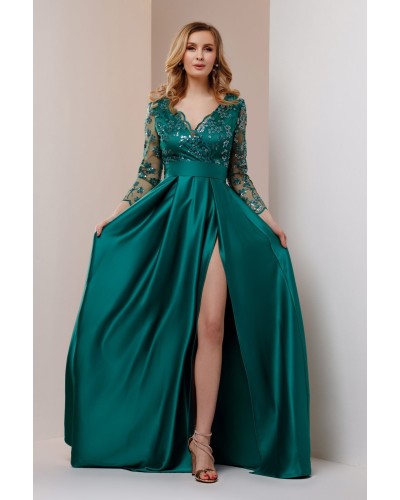 ROCHIE DE OCAZIE VERDE LUNGA DIN TAFTA SI DANTELA IN CLOS