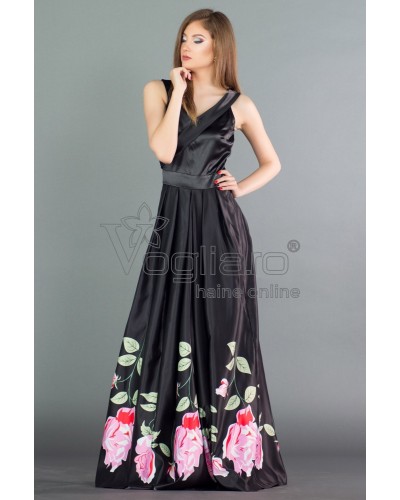 ROCHIE ARTISTA NEAGRA DE OCAZIE DIN MATERIAL SATINAT CU IMPRIMEURI FLORALE