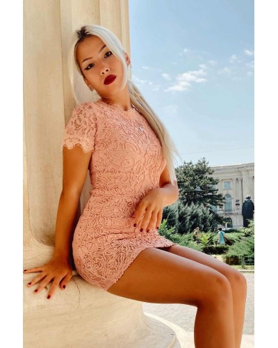 ROCHIE SCURTA DANTELA BRODATA ROZ PRAFUIT