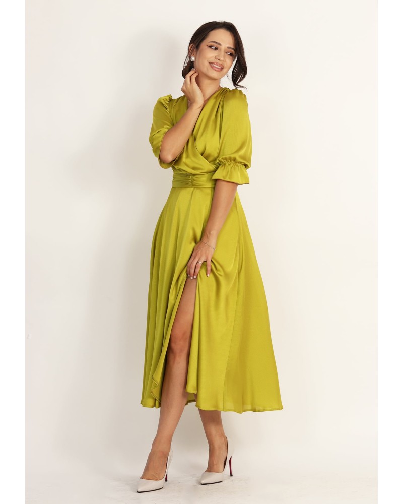 ROCHIE BOTEZ LIME, ROCHIE TREI SFERTURI DIN SATIN, ROCHIE ELEGANTA DE OCAZIE LIME