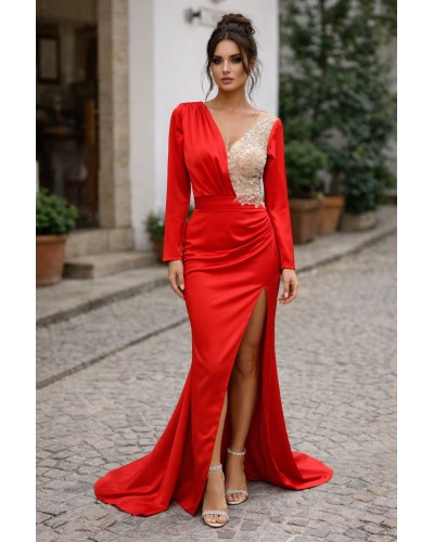 rochie rosie de ocazie lunga stil sirena pentru nasa, soacra, rochii de seara, rochii lungi, rochie rosie