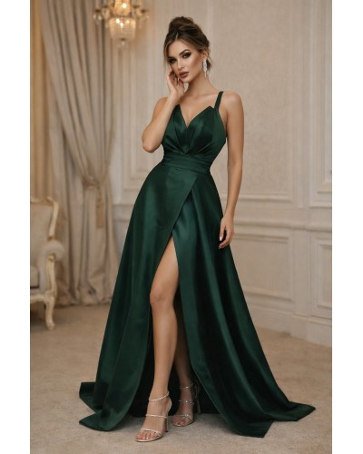 ROCHIE LUNGA DE SEARA VERDE DIN SATIN CRAPATA PE PICIOR, rochii de nasa , rochii banchet , rochie bal verde lunga, rochie ocazie