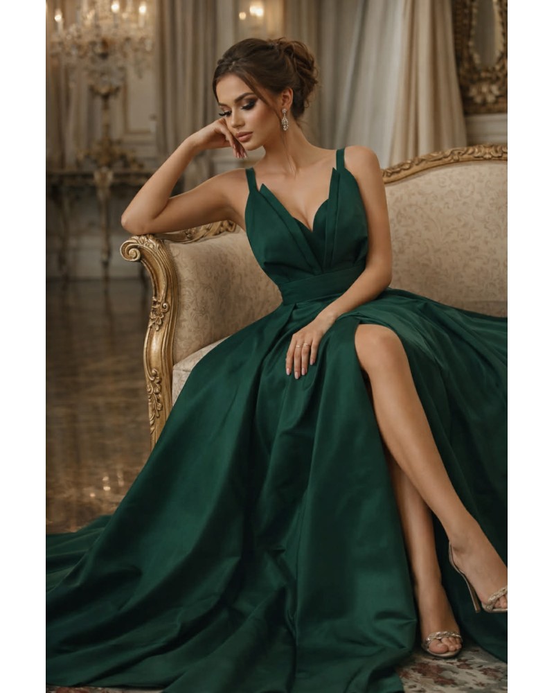 ROCHIE LUNGA DE SEARA VERDE DIN SATIN CRAPATA PE PICIOR, rochii de nasa , rochii banchet , rochie bal verde lunga, rochie ocazie