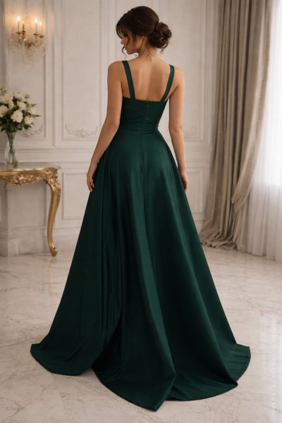 ROCHIE LUNGA DE SEARA VERDE DIN SATIN CRAPATA PE PICIOR, rochii de nasa , rochii banchet , rochie bal verde lunga, rochie ocazie