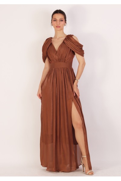 rochie de ocazie maro eleganta, rochii de seara lungi, rochie lunga de soacra, rochie de nasa, rochie lunga matase