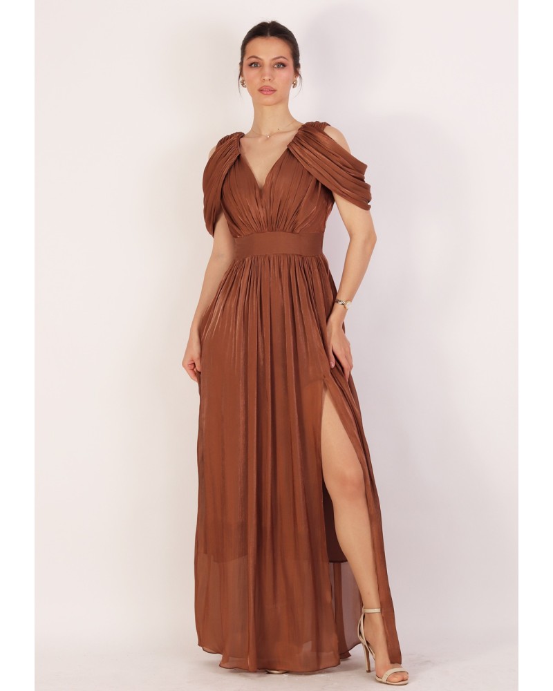 rochie de ocazie maro eleganta, rochii de seara lungi, rochie lunga de soacra, rochie de nasa, rochie lunga matase