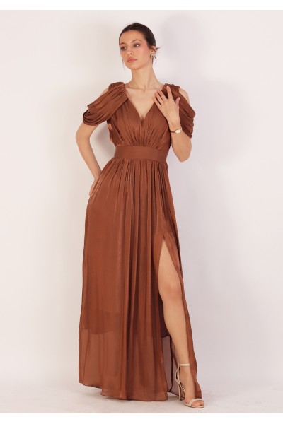 rochie de ocazie maro eleganta, rochii de seara lungi, rochie lunga de soacra, rochie de nasa, rochie lunga matase