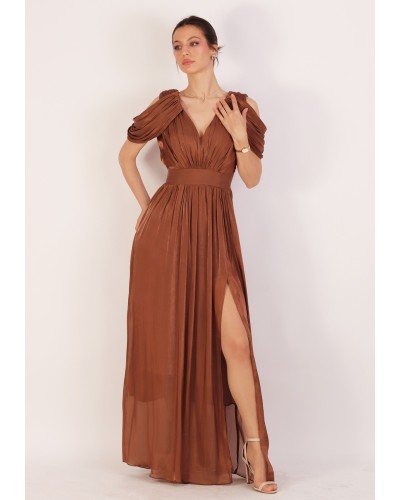 rochie de ocazie maro eleganta, rochii de seara lungi, rochie lunga de soacra, rochie de nasa, rochie lunga matase