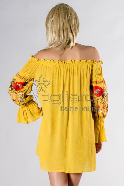 ROCHIE DE VARA GALBENA PE UMERI CU BRODERIE FLORALA