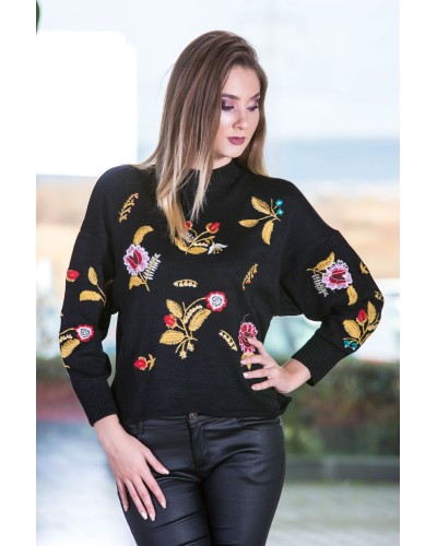 PULOVER NEGRU CU BRODERIE COLORATA