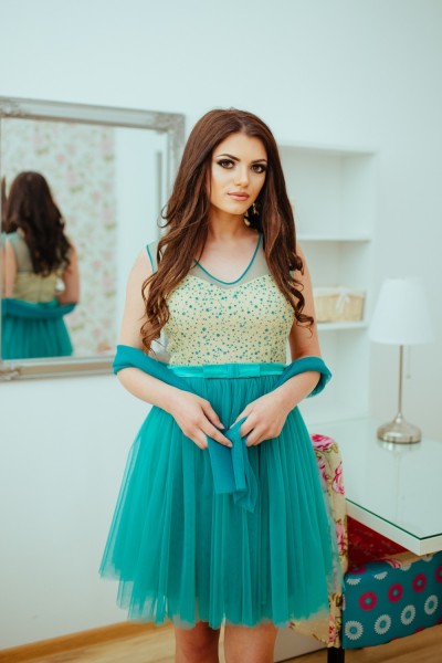 ROCHIE BABY-DOLL TURQUOISE SI BUST CU SCLIPICI