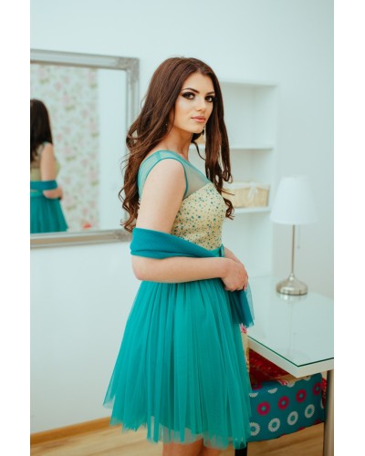 ROCHIE DE SEARA BABY-DOLL TURQUOISE SI BUST CU SCLIPICI