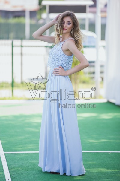 ROCHIE LUNGA VOAL SI BRODERIE BLEU CIEL - MAGAZIN ONLINE