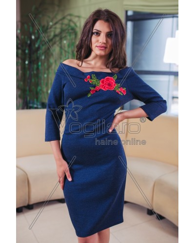 ROCHIE MIDI CASUAL BLEUMARIN CU BRODERIE FLORALA