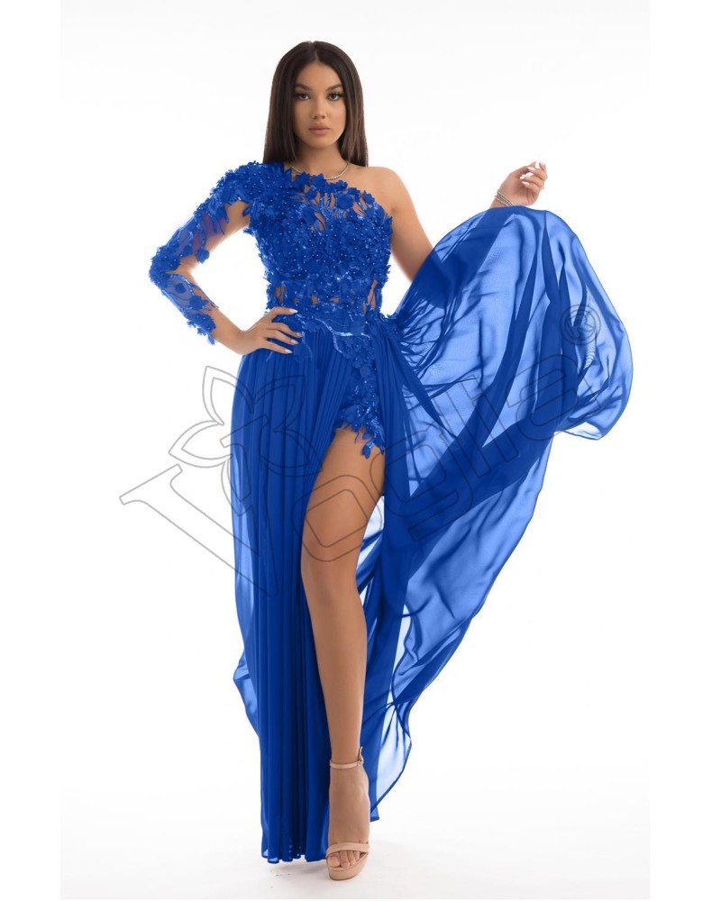 ROCHIE LUNGA DE SEARA ALBASTRU ROYAL CU APLICATII 3D, rochie pentru nasa, rochie pentru majorat, rochie de seara