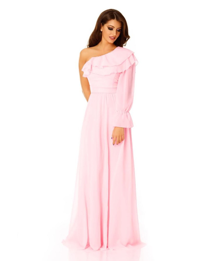 rochie pe umar, rochie roz, rochie din voal roz, rochie pentru nasa, rochie pentru nunta, rochie de seara