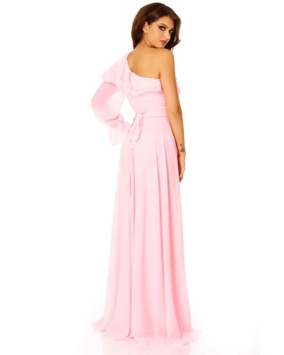 rochie cu o maneca, rochie pe umar, rochie eleganta, rochie de seara, rochie roz, rochii din voal
