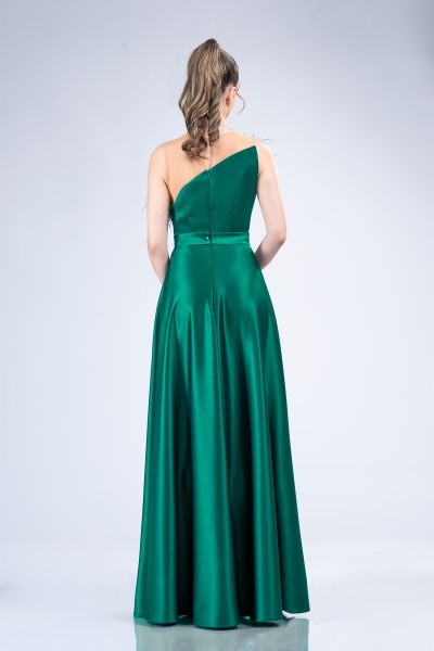 rochie lunga de ocazie, rochie de nasa verde, rochie nunta verde, rochie lunga din tafta verde cu pene, rochie nasa