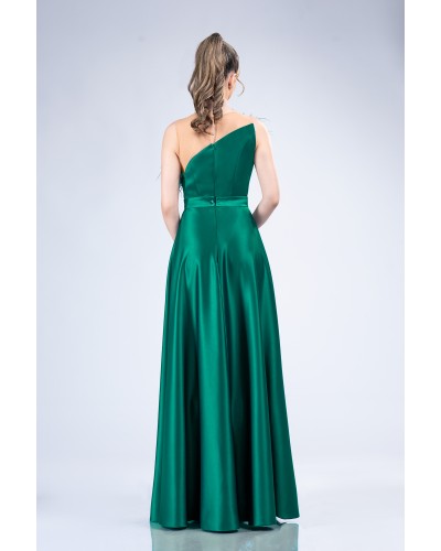 rochie lunga de ocazie, rochie de nasa verde, rochie nunta verde, rochie lunga din tafta verde cu pene, rochie nasa