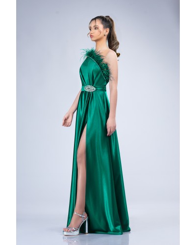 rochie lunga de ocazie, rochie de nasa verde, rochie nunta verde, rochie lunga din tafta verde cu pene, rochie nasa